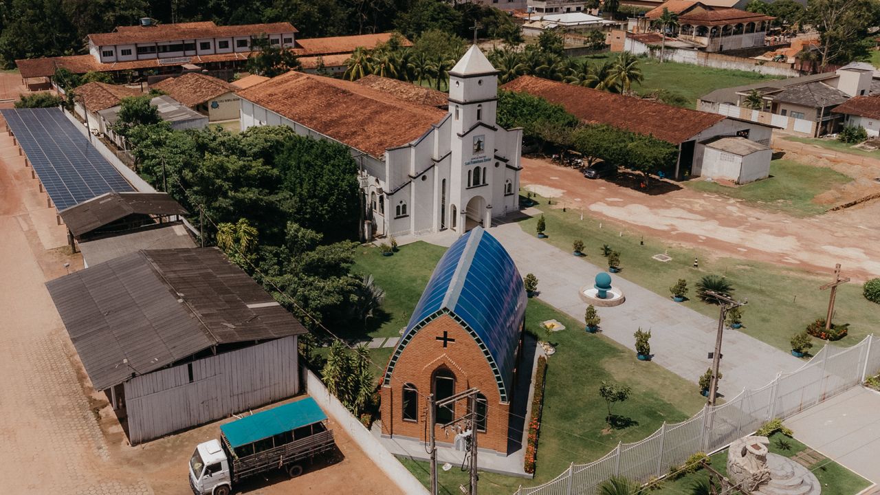 Mastering the First Impression: Your intriguing post title goes here Drone shot of a church surrounded by rural architecture and greenery.
